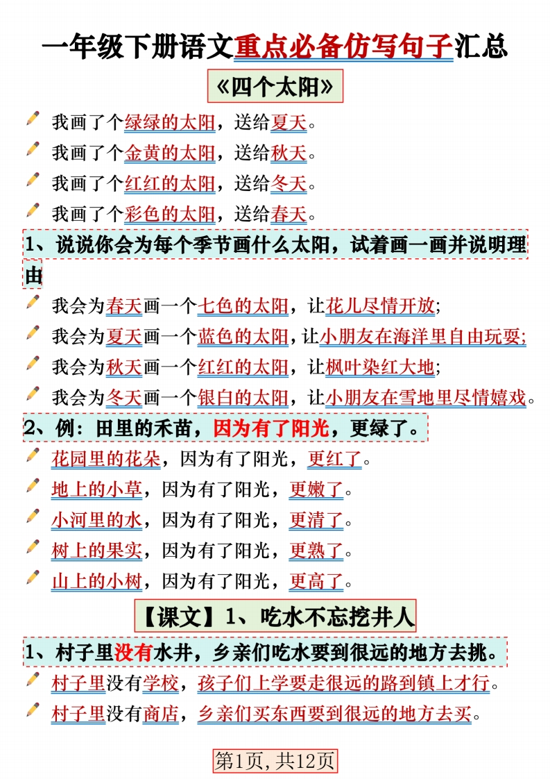 【2026春12页完整版】一年级（下册）语文重点必备仿写句子汇总-985文库
