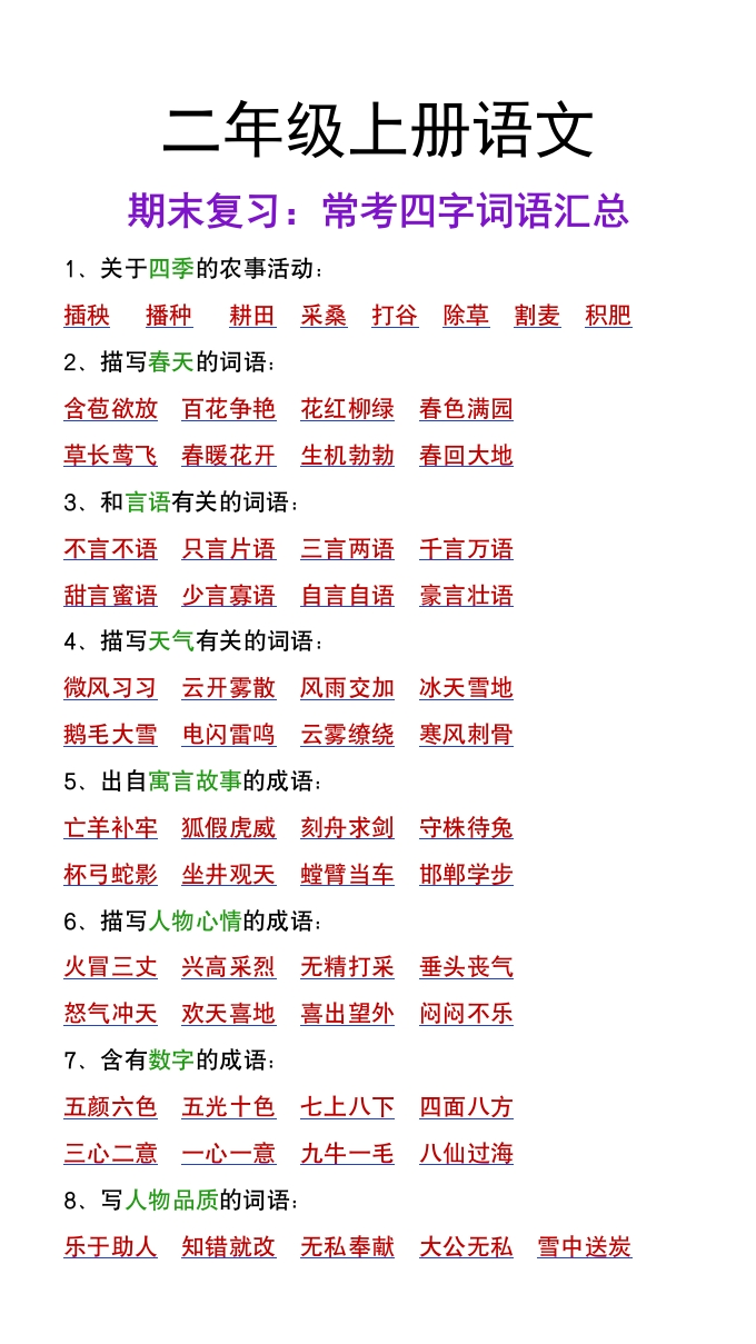 二年级上册语文期末复习常考四字词语大全-985文库