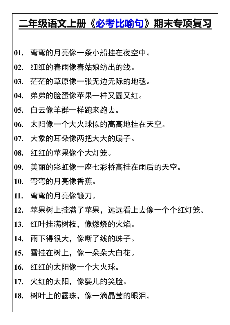 二年级语文上册《必考比喻句》期末专项复习-985文库
